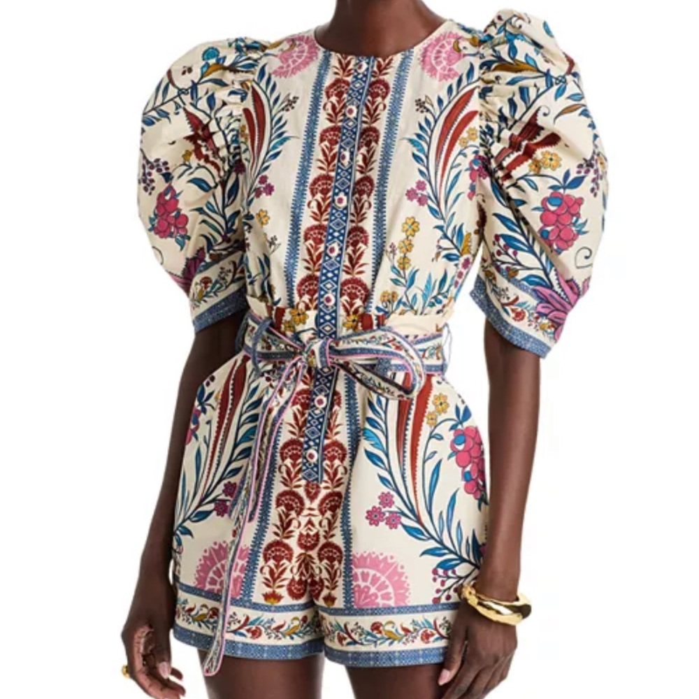 FARM Rio Cream Floral Puff-Sleeve Belted Romper with Pink, Blue & Yellow Accents